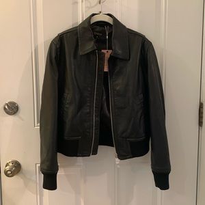 Quince black leather bomber jacket